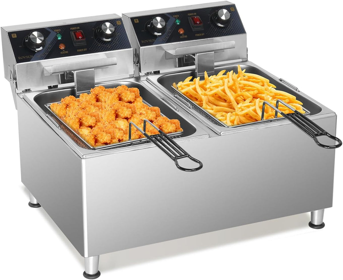 ROVSUN 36QT Electric Deep Fryer 240V, 6600W Dual Tank Commercial Deep Fryer w/ 60-Min Timer Overheat Protection Adjustable Feet, Temp Control & Baskets, Stainless Steel Countertop Fryer for Restaurant