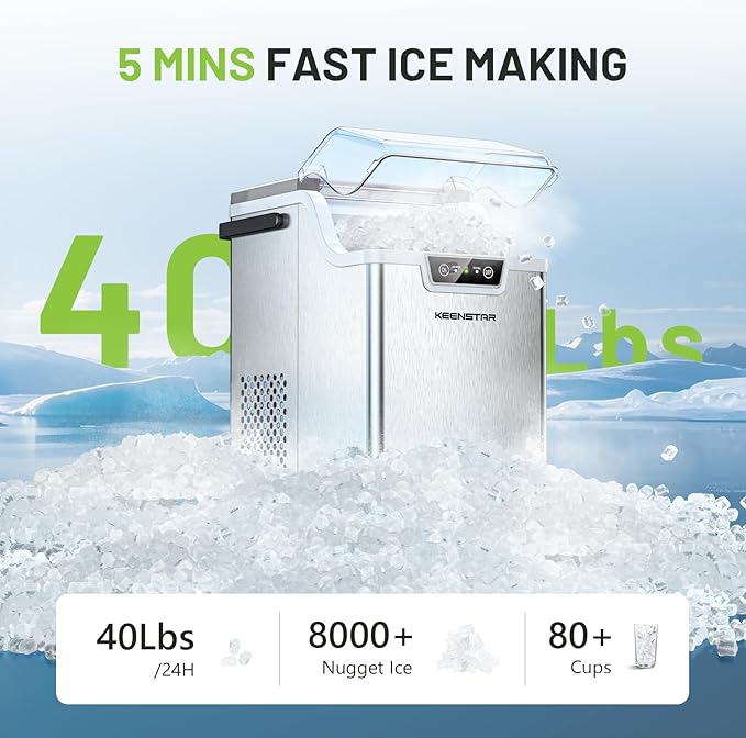 KEENSTAR Nugget Countertop Ice Maker with Soft Chewable Ice 40Lbs/24H, Pebble Sonic Ice Machine with Basket and Scoop, Ready in 5 Mins, Auto Self-Cleaning