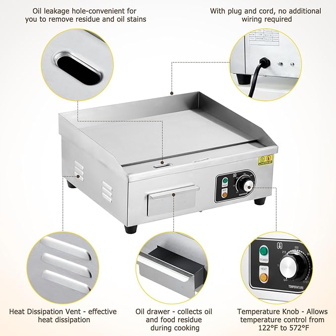 18" 1500W Stainless Steel Electric Griddle, Commercial Countertop Flat Top Grill with Adjustable 122–572°f Thermostat, Includes 2 Spatulas & Cleaning Brushes, Plug-in Grill for Indoor/Outdoor Cooking