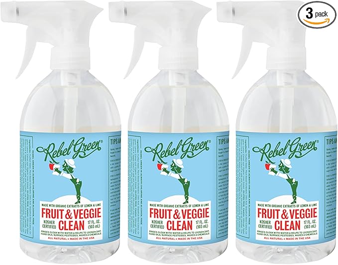 Rebel Green Fruit & Veggie Clean - Plant-Based Produce Cleaner - Natural Fruit and Vegetable Wash with No Aftertaste - Dirt & Grime Removal - Made with Organic Extracts of Citrus - 3 Pack 17 FL OZ