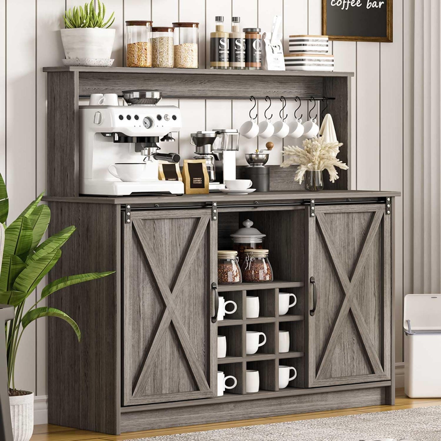 4ever2buy Farmhouse Coffee Bar Cabinet with Hutch, 47 Inch Wine Bar with Storage, Buffet Cabinet with Adjustable Shelves & 9 Wine Racks, Kitchen Buffet Cabinet for Dining Living Room, Grey
