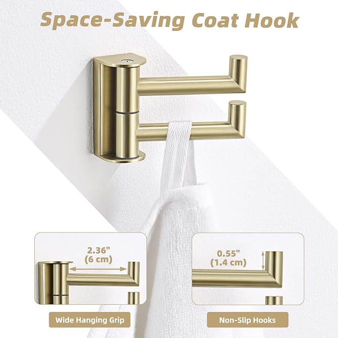 APLusee Brushed Gold Double Swivel Towel Hook, 304 Stainless Steel Foldable Towel Hanger, Space-Saving Wall Hook for Bathroom Kitchen RV