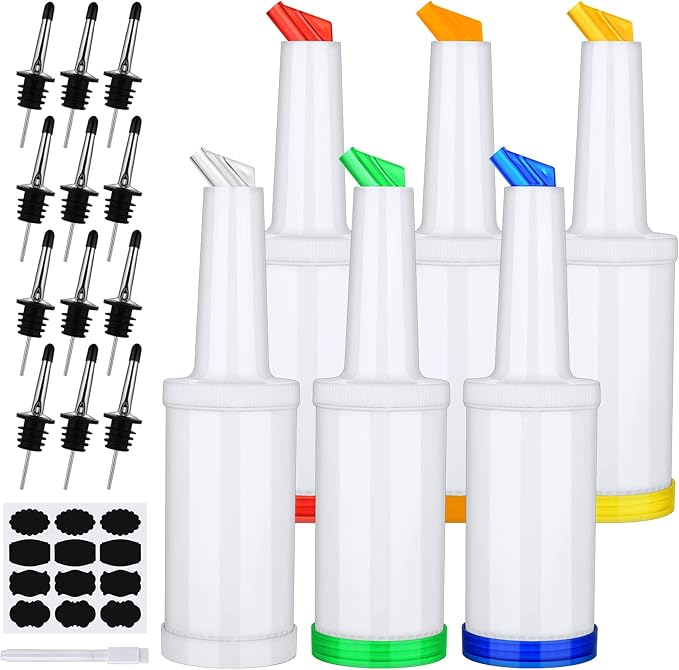 Ruisita 6 Pack Plastic Pour Bottles with Stainless Steel Pourer - Tapered Spout for Liquor and Juice Store (34 Ounces, Multicolor)