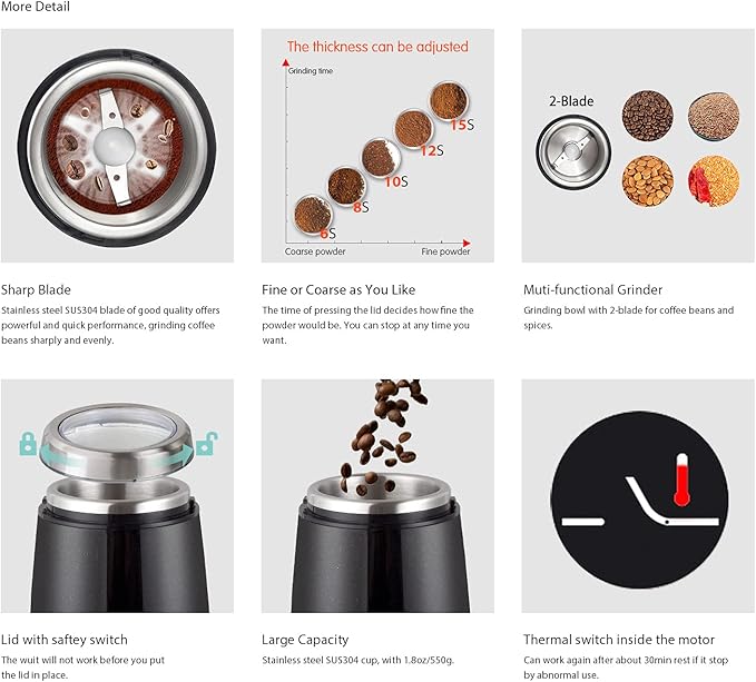 DR MILLS DM-7445 Coffee Grinder Electric,Spice and Herb Grinder, Blade & Cup Made with SUS304 Stainless Steel Food Grinders Electric