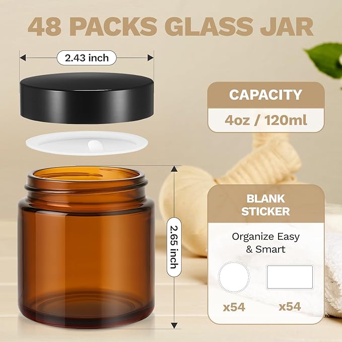 Bumobum 48 Pack 4 oz Small Glass Jars with Lids, Amber Glass Lotion Jars with Inner Liners, 120ml Round Refillable Empty Containers with Blank Labels for Cream, Body Scrub, Cosmetic