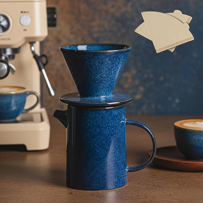 Pour Over Coffee Maker, Ceramic Pour Over Coffee Dripper Set With 20 Count Paper Filters, 16.5oz/500ml Coffee Pour Over (Royal Blue, V02)