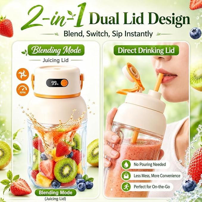 Multifunctional Portable Juicer Cup, Portable Electric Juicer Cup with Zero Cord Hassle, USB-C Rechargeable Travel Juicer for Home, Gym, Office and Outdoor (800ml, 1)