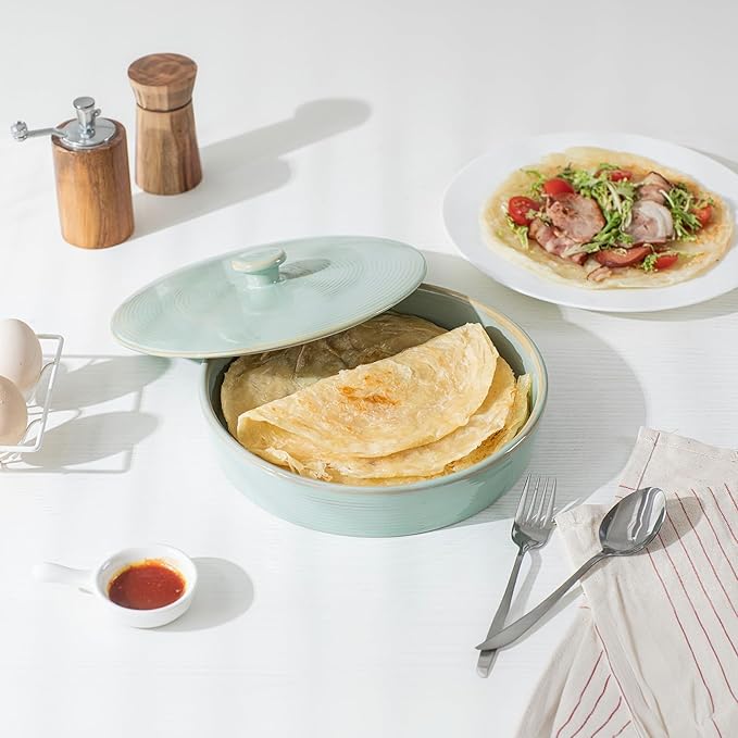 2 Pcs Tortilla Warmer, 9 inch Ceramic Tortilla Holder with Lids, Embossed Taco Holder Oven Microwave Safe, Green Pancakes Warmer for Taco, Pancakes, Waffles, Keep Tortillas Warm