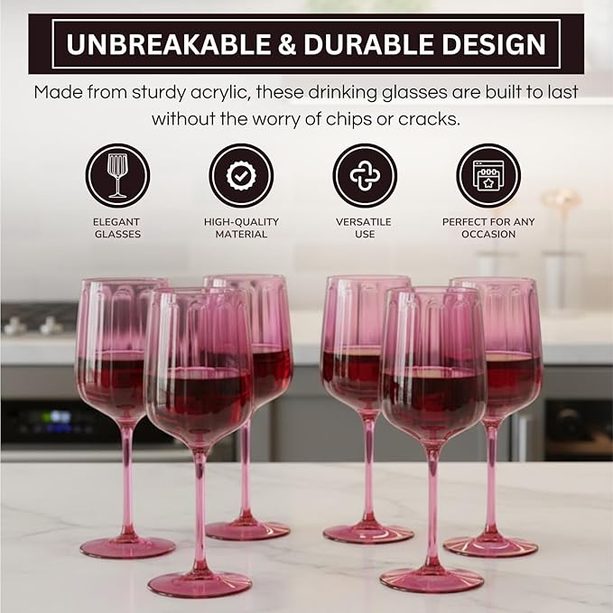 Khen Acrylic Lucia Stemmed Goblets - Unbreakable Wine Glasses Reusable Drinking Cups Dishwasher Safe Elegant Stemware for Cocktail Champagne | Kitchen Bar Party | Set of 6 |14oz | Coral