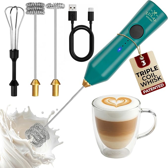 Zulay Kitchen Rechargeable Milk Frother - Dynamic - 3 Speeds, 3 Whisk Attachments, 500 mAh USB Charging, Drink Mixer For Latte, Cappuccino, Matcha, Protein Powder, Coffee Foam - Green Gold