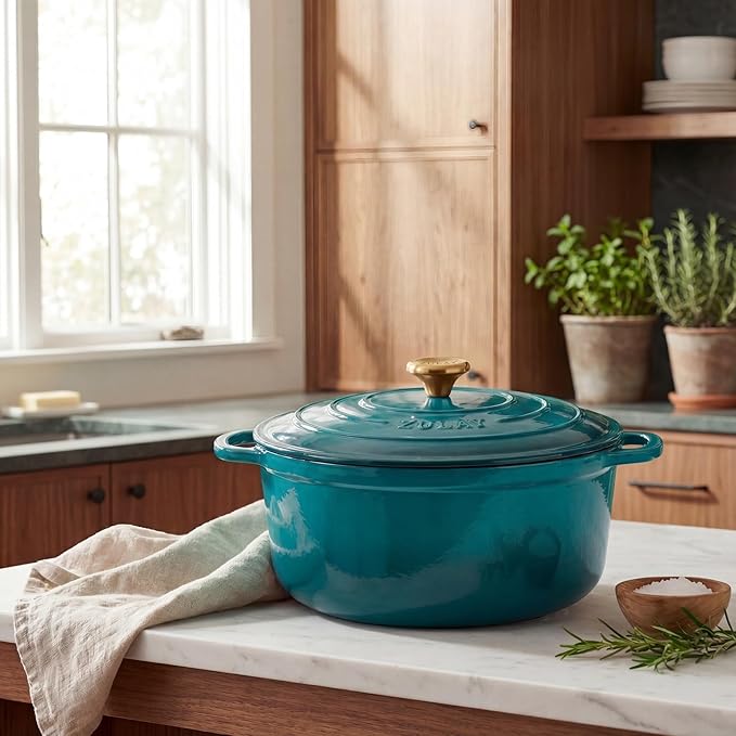 Zulay Kitchen 7.7 Quart Enameled Cast Iron Dutch Oven Pot with Lid – Premium Durability & Oven Safe up to 500°F – Heavy Duty Cookware Perfect for Bread Baking, Stews, Braising & Roasting – Emerald
