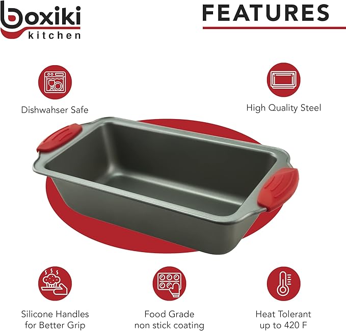 Boxiki Kitchen Premium Baking Set: Non-Stick Steel Jumbo 6 Cup Muffin Pan with Silicone Handles & Reusable Liners + Non-Stick Steel Banana Bread Pan with Easy-Grip Silicone Handles.