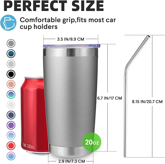 Volhoply 20oz Stainless Steel Tumbler with Lid and Straw Bulk 8 Pack,Double Wall Insulated Travel Iced Coffee Mug Fits Cup Holder,Powder Coated Cups for Hot/Cold Drinks,Gifts for Women（Gray,8 Set）