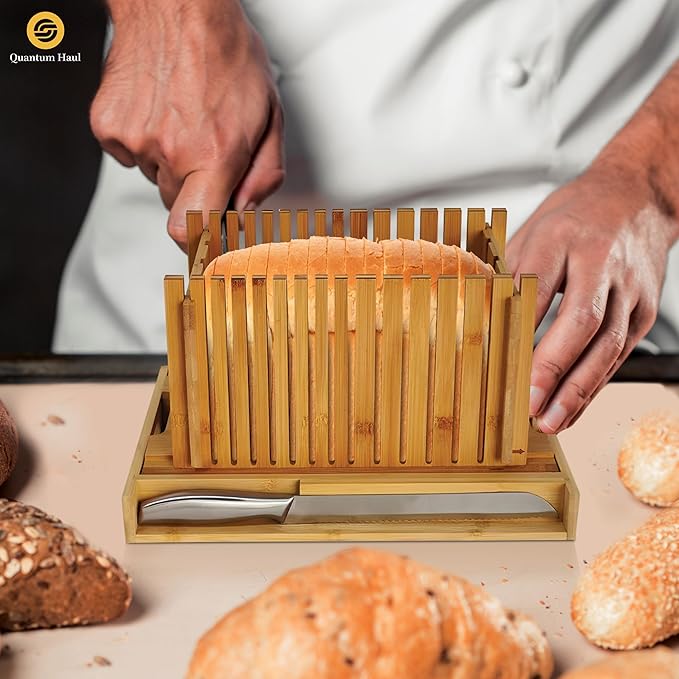 Bamboo Bread Slicer with High-Grade Stainless Steel Knife – Adjustable Wooden Bread Cutter Guide with Crumb Tray, Brush & Pouch | Manual Bread Slicer for Homemade Bread, Sourdough, Loaf, Cakes