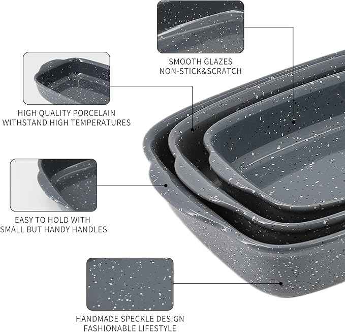 Ceramic Bakeware Dish Set of 3, Rectangular Baking Casserole for Oven,High Heat Resistant,Lasagna Pan Deep with Handles,Handcraft Speckle Series (13.8''/12''/9.6''Grey)