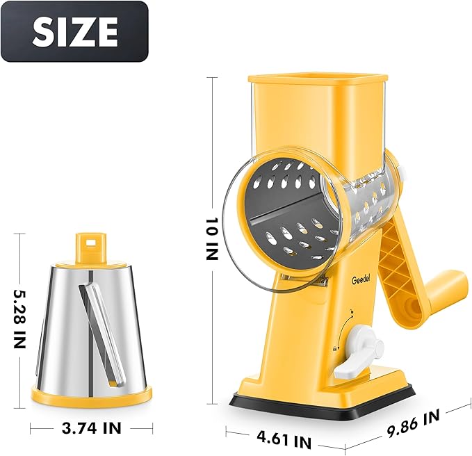 Geedel Rotary Cheese Grater - Upgraded Vegetable Shredder with 4 Interchangeable Blades, Easy to Clean Cheese Shredder with Handle, Kitchen Grater Nuts Grinder for Cutting Cheese, Vegetable, Nuts