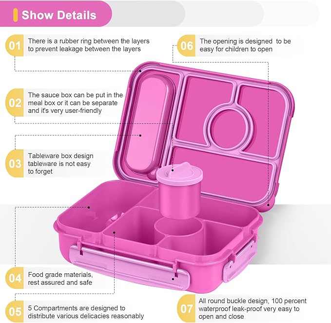 Amathley Bento Box Adult Lunch Box Kids,Lunch Containers for Adults/Kids/Toddler,5 Compartments Bento Lunch Box with Sauce Vontainers,Microwave & Dishwasher & Freezer Safe,BPA-Free (Red lily)