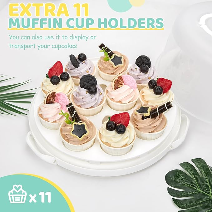 Ohuhu Cake Container, Cake Carrier with Lid and Handle BPA-Free Cake Holder for 10 inch Cake with 2 Handles Cupcake Carrier - Plastic Cover Two Sided Base for Transport Pies Nuts Fruit Perfect Gifts