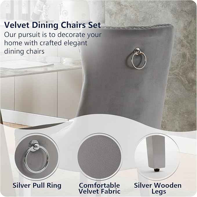 Velvet Dining Chairs Set of 2, Kitchen & Dining Room Chairs, Upholstered Dining Chairs with Back Ring Pull and Silver Solid Wood Legs, Modern Tufted Kitchen Chairs for Dining Room, Light Grey