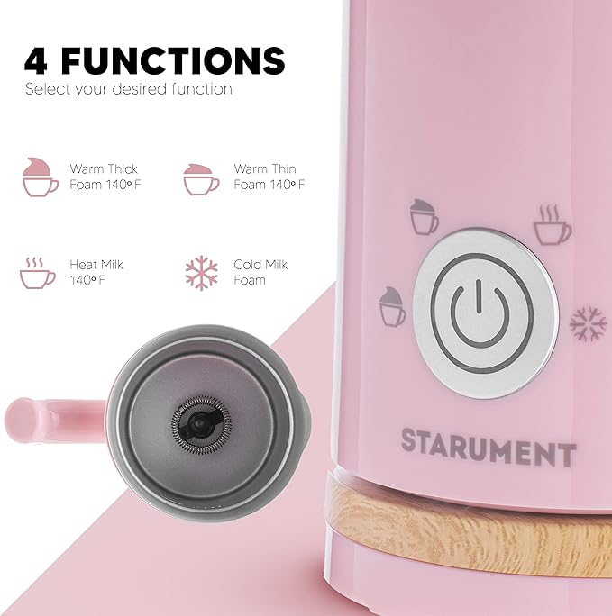 Starument Electric Milk Frother - Automatic Foamer & Heater for Coffee, Latte, Cappuccino, Other Creamy Drinks 4 Settings Cold Foam, Airy Dense Foam Warm Easy to Use, Pink, 8x4x5 inches (MS-MF)