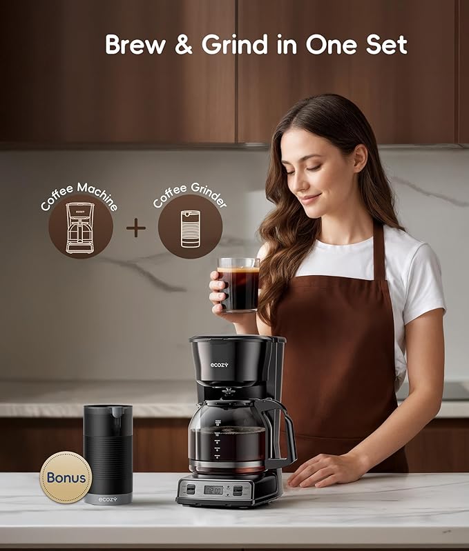 ecozy 12-Cup Drip Coffee Maker with Electric Coffee Grinder Combos, Programmable Coffee Machine with Washable Basket Filter, Auto Shutoff Function, No Drip Pause & Pour, Brezzano DuoSet