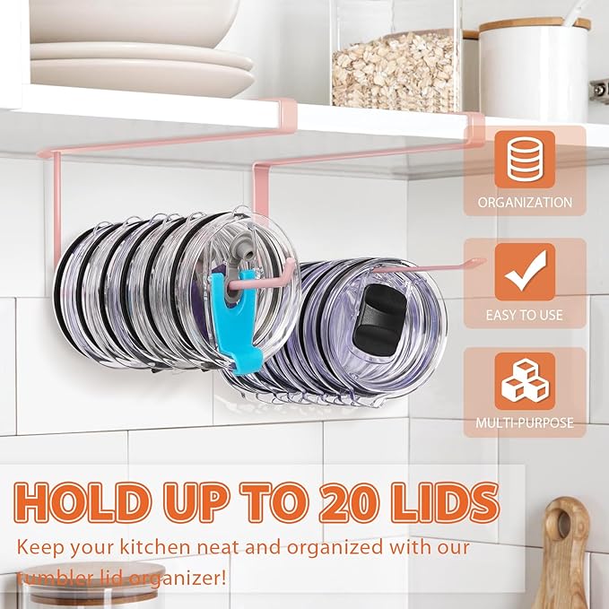 2 Pack Tumbler Lid Organizer, Horizontal Tumbler Lid Storage Hook Up to 20 Lids, Space Saving Cup Lid Holder Under Cabinet Tumbler Lid Hook for Kitchen Organizer, Paper Towel Hanger(Round&Flat, Pink)