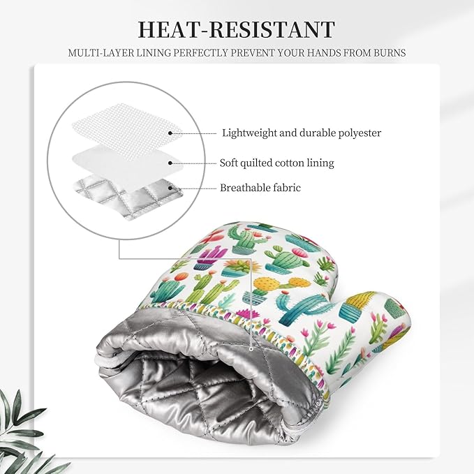 Oven Mitts and Pot Holders Set, Cactus Pattern Watercolor Silicone Kitchen Accessories 4 Piece Heat Resistant Long Gloves Potholder Non-Slip Grip for Chef Cooking Baking Grilling BBQ