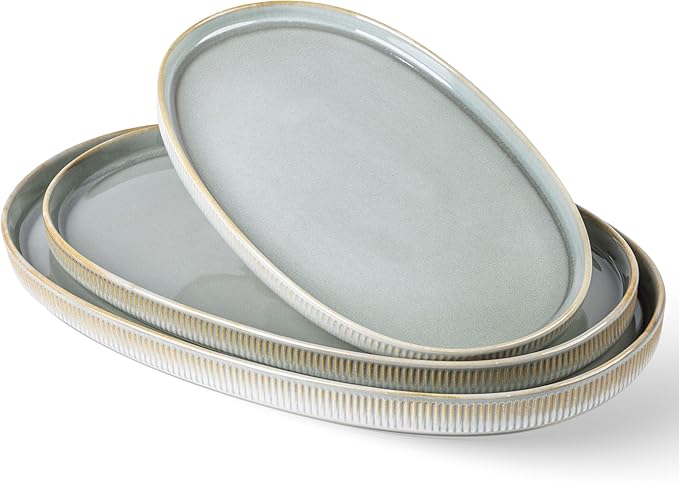 theterra Ceramic Serving Platter, 15.6"/14.4"/12.2" Oval Serving Dishes for Entertaining, Oven Safe, Microwave Safe, Serving Plates Set of 3 for Wedding, Party, Turkey, Desert Sage