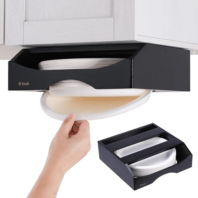 9-inch Paper Plate Dispenser Under Cabinet, Bamboo Paper Plate Holders, Kitchen Counter Vertical Plate Dispensers Holders Countertop Caddy(For 9-inch Plates, Black)