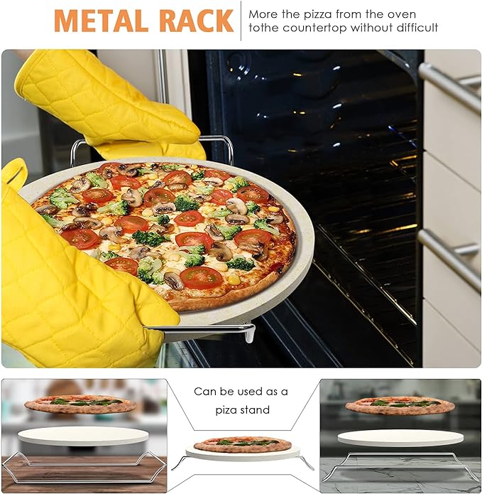 5 PCS Round Pizza Stone Set, 13" Pizza Stone for Oven and Grill with Pizza Peel(OAK),Serving Rack, Pizza Cutter & 10pcs Cooking Paper for Free, Baking Stone for Pizza, Bread