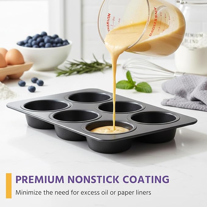E-far Non-stick Muffin Pan Set of 2, 6-Cup Muffin Cupcake Pan Tin for Oven Baking, Easy Release & Clean, Regular Size - 11.44 x 7.12 x 1.25 Inch