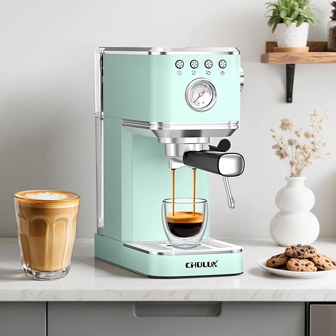 CHULUX Slim Espresso Machine with Milk Frother, 20 Bar Professional Italian Pump Espresso Coffee Machine for Home Cappuccino & Latte Maker, Stainless Steel, Pastel Green