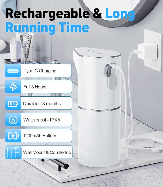 Automatic Soap Dispenser 350ml, Touchless Wall Mount Electric Soap Dispenser for Gel Soap with Infrared Motion Sensor, 3 Adjustable Levels for Bathroom, Kitchen and Office (White)