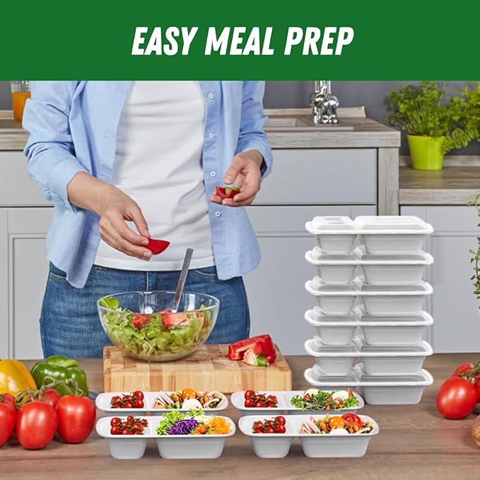 Dealusy 50 Pack (100-Piece) 28 oz Meal Prep Containers Reusable with Lids 2-Compartment, Sturdy Leakproof Food Safe, Microwave Freezer Dishwasher Safe, To Go Take Out Plastic Food Storage, Silver