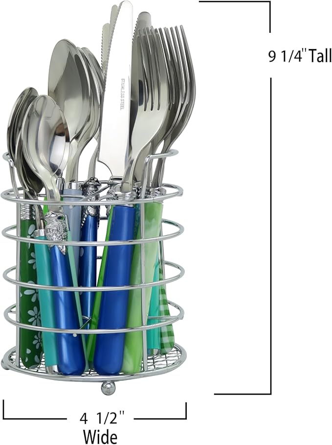 The Original Brink House Eclectic Blue Green Mix & Match Stainless Steel Cutlery Set / 16 pieces with Metal Stand/Lifestyle utensils set for home, first apartment, dorm, dinner parties