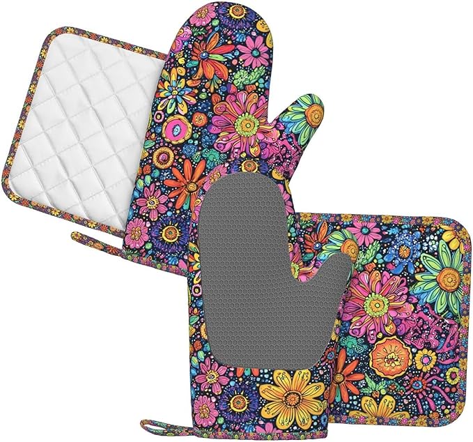 Oven Mitts and Pot Holders Set, Colorful Flower Art Silicone Kitchen Accessories 4 Piece Heat Resistant Long Gloves Potholder Non-Slip Grip for Chef Cooking Baking Grilling BBQ
