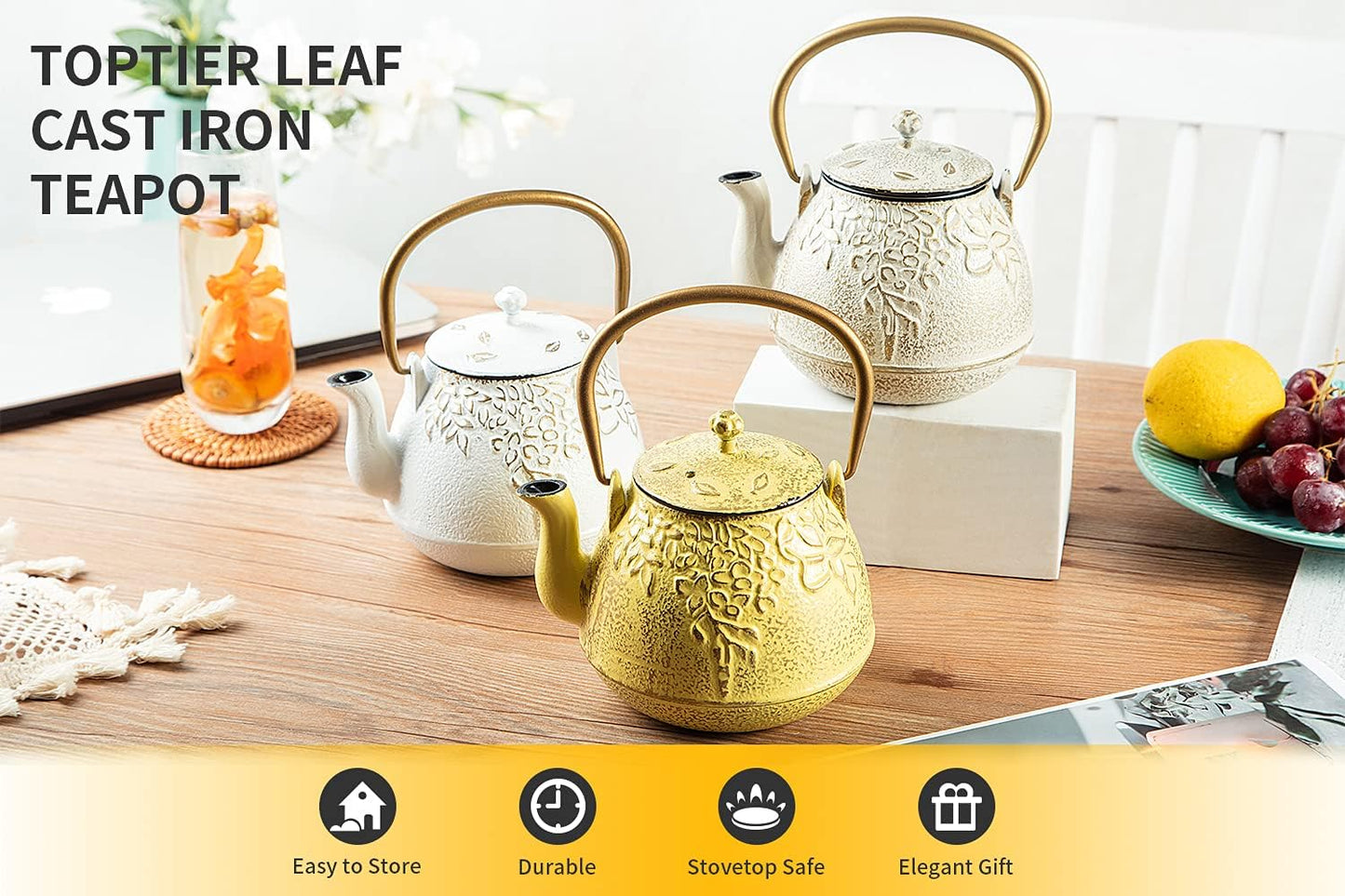 TOPTIER Japanese Cast Iron Tea Kettle with Infuser,Teapot Stovetop Safe, Leaf Design , Coated with Enameled Interior for 32 Ounce (950 ml), White