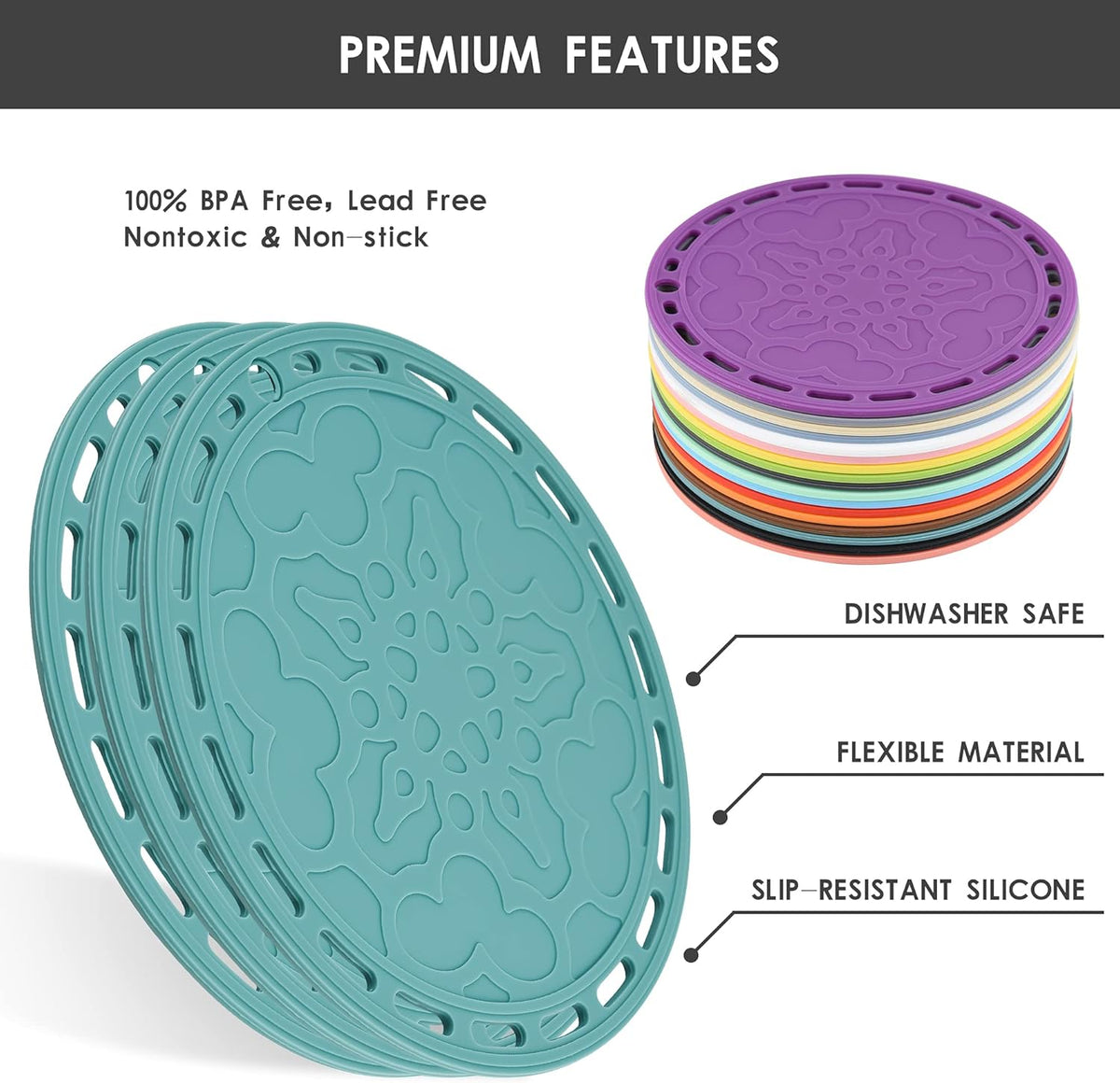 Smithcraft Trivets Mats for Hot Pots and Pans, Big Round Silicone Pot Holder Hot Pads for Hot Dishes, Mats for Countertops, Tables, Spoon Rest Small Place Mats Set of 3 (Teal)