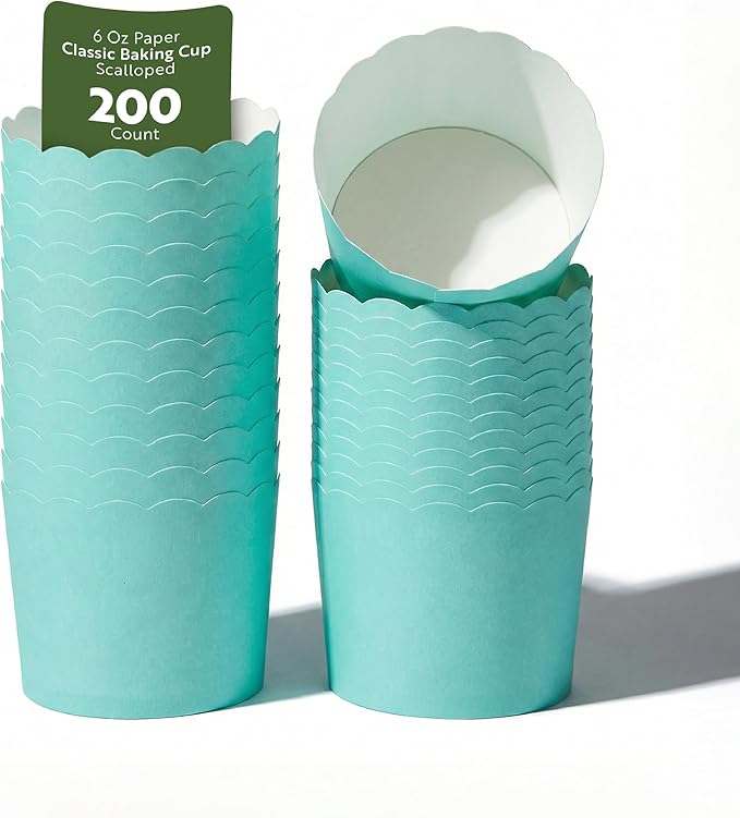 Restaurantware Baking Cups 200 Pack of 6 oz Paper Cupcake Liners Greaseproof Scalloped Oven-Safe Elegant Dessert Muffin Cups Disposable for Parties