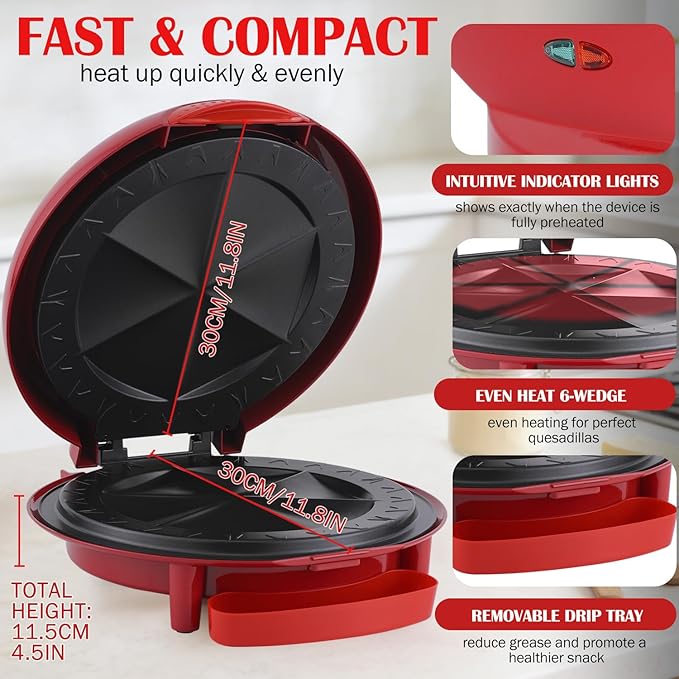 Vivicreate Electric Quesadilla Maker 10 Inch, 6-Wedge Quesadilla Press with Extra Stuffing Latch, Nonstick Plates, Easy Slice Tortilla Maker with Indicator Lights, Snack Maker Red