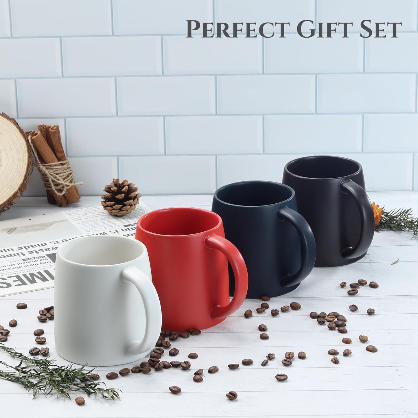 Classic Mug, 14 oz Large Coffee Mug with Handle, Ceramic Porcelain Tea Cup, Smooth Matte (Sliding Lid, White)