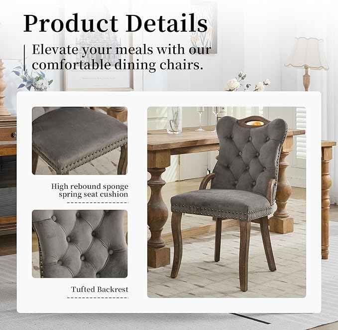Grey Velvet Dining Chairs Set of 4，Modern Upholstered Dining Room Chairs with Tufted Back and Wood Accents, Curved Solid Wood Legs & Nailhead Trim, Sillas De Comedor Modernas 4