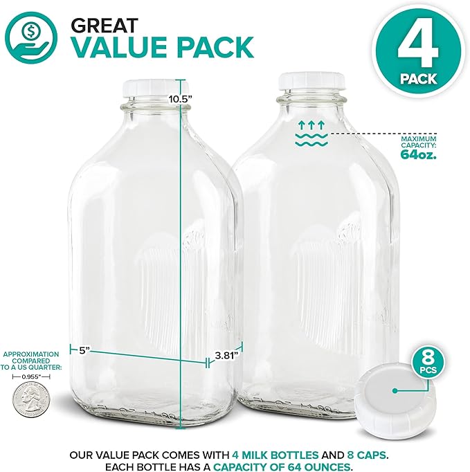 Stock Your Home Half Gallon Glass Milk Bottle with Lid (4 Pack) 64 Oz Jugs and 8 White Caps, Reusable Food Grade Milk Container for Refrigerator, Bottles for Juice, Oat or Plant Milks, Water, Honey