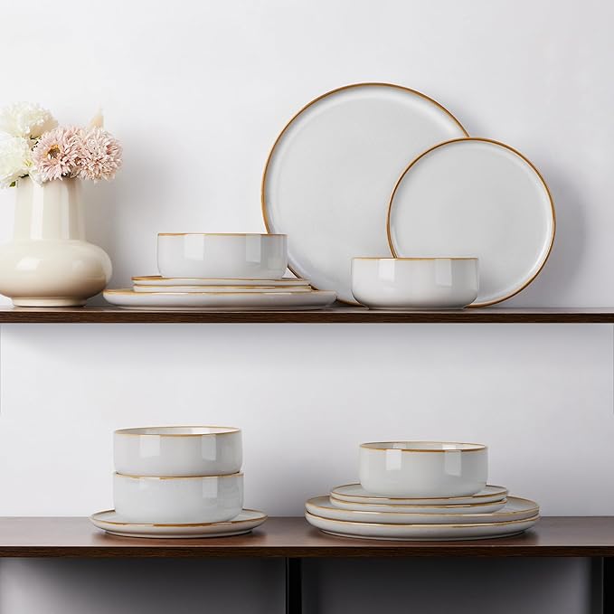 E-far Plates and Bowls Set for 8, 24-Piece Stoneware Dinnerware Sets, Ceramic Dinning Ware Reactive Glaze Dishes Set, Microwave & Dishwasher Safe - Seashell White