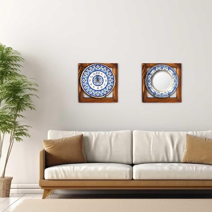 2 Set Plate Hangers, Wall Mounted Wooden Plate Display Holders, Rustic Burnt Solid Wood Frame with Black Metal Hooks for 8 to 11 Inch Plates, Platters & Dishes for Home & Kitchen Decoration