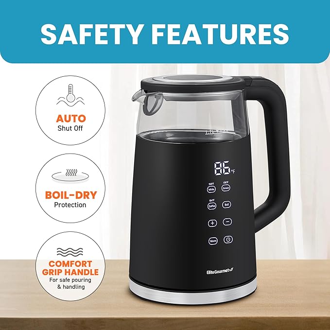 Elite Gourmet 1.7L Dual Wall Cool Touch Electric Tea Kettle, Borosilicate Glass, 304 Stainless Steel Interior, Programmed Digital Touchscreen, Keep Warm, Auto Off & Audible Indicator, Black