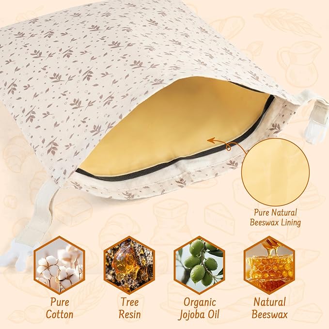 2-Pack Reusable Beeswax Bread Bags for Sourdough & HomemadeBread with Zipper, 16.5 x 13 inch bread bags for Food Storage