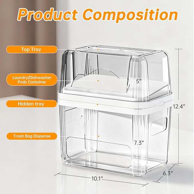 2-in-1 Trash Bag Holder Laundry & Dishwasher Pods Container,Garbage Bag Dispenser with Removable Lids,Kitchen Organizer and Under Sink Storage Box
