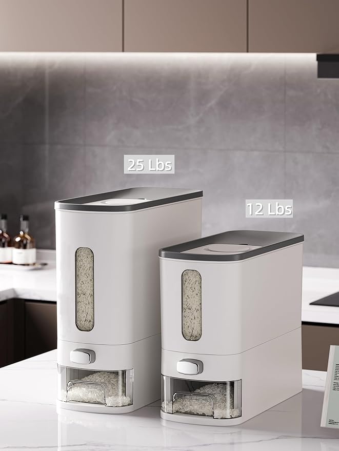 IEEK Rice Dispenser 12 Lbs,Large Cereal Dry Food Storage Containers Rice Storage Container Sealed Moisture Proof with Measuring Cup for Kitchen Pantry Household, White and Grey