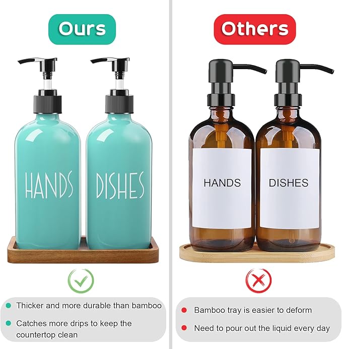ALELION Turquoise Dish Soap Dispenser for Kitchen - 16 OZ Glass Hand Soap Dispenser Set with Pump and Acacia Wood Tray - Turquoise Kitchen Decor & Teal Kitchen Accessories
